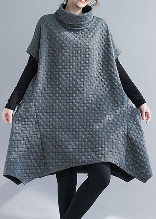 Französisch Grau Asymmetrische Taschen Baumwolle Kleider Kurzarm