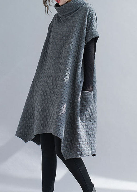 Französisch Grau Asymmetrische Taschen Baumwolle Kleider Kurzarm