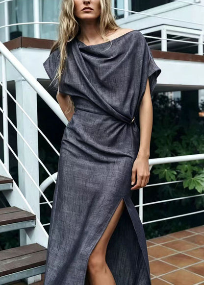 French Grey Blue Wrinkled Side Open Cotton Maxi Dresses Summer
