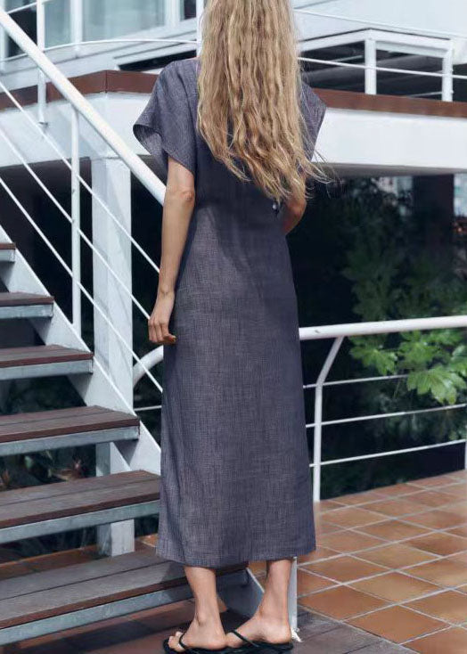 French Grey Blue Wrinkled Side Open Cotton Maxi Dresses Summer
