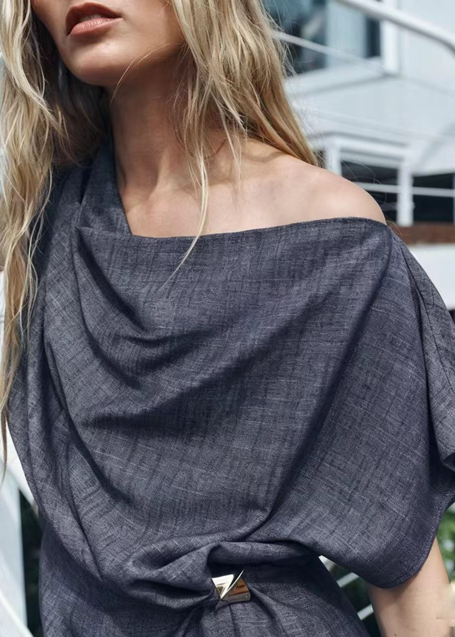 French Grey Blue Wrinkled Side Open Cotton Maxi Dresses Summer