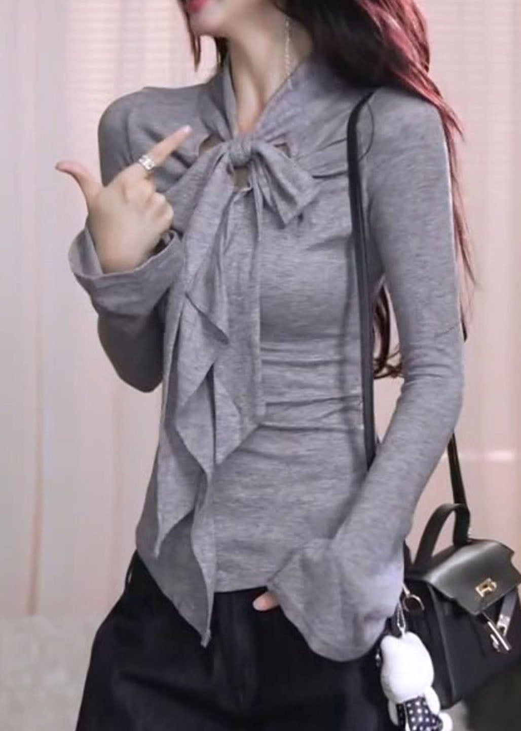 Französisch-graues Baumwollhemd mit Schleifen-Patchwork, Frühling