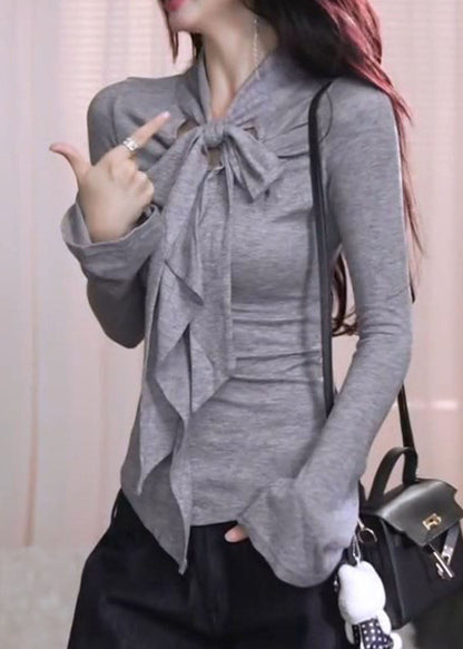 Französisch-graues Baumwollhemd mit Schleifen-Patchwork, Frühling