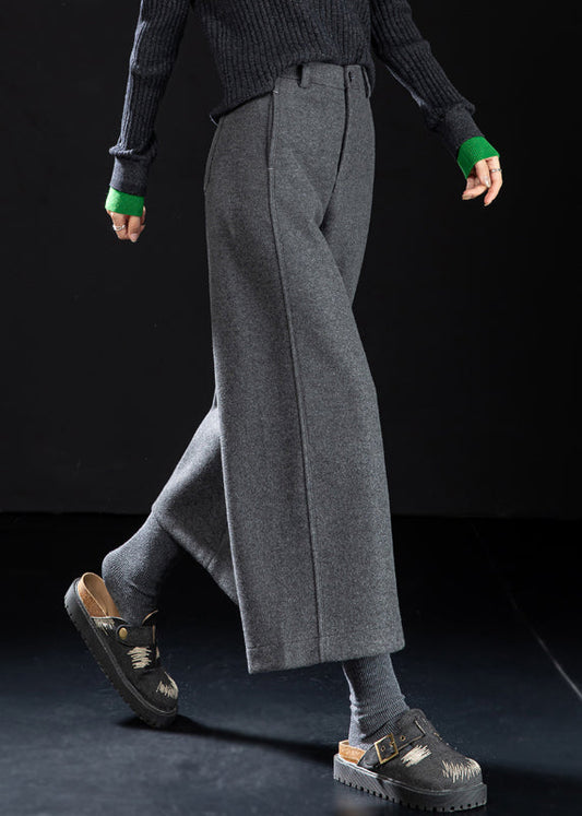 French Grey Button High Waist Woolen Crop Pants Winter