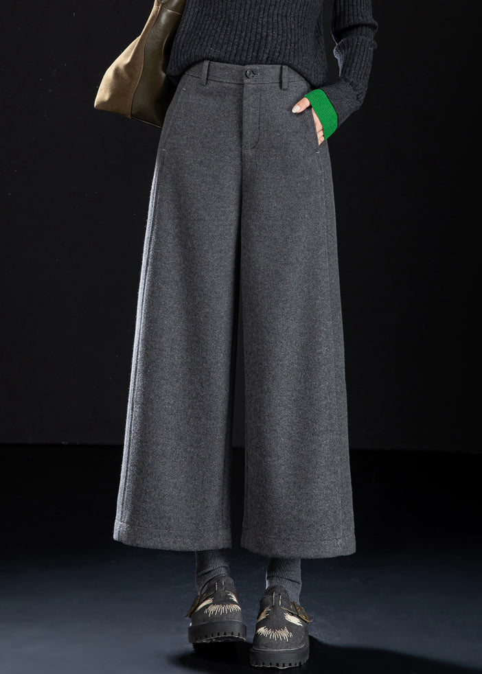 French Grey Button High Waist Woolen Crop Pants Winter