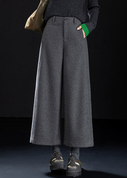 French Grey Button High Waist Woolen Crop Pants Winter