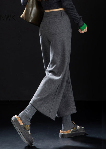 French Grey Button High Waist Woolen Crop Pants Winter