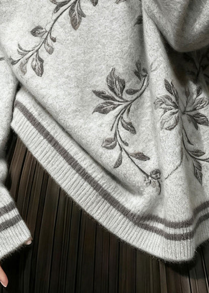 French Grey Embroidered Knit Sweater Tops Winter