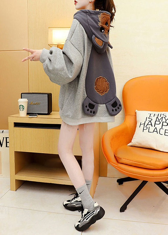 French Grey Besticktes warmes Fleece-Pullover-Sweatshirt für den Winter