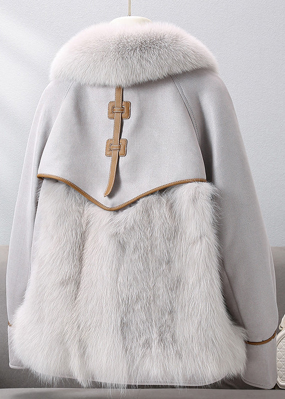 Französischer grauer Fuchskragen Leder Patchwork Button-Down-Mantel Winter