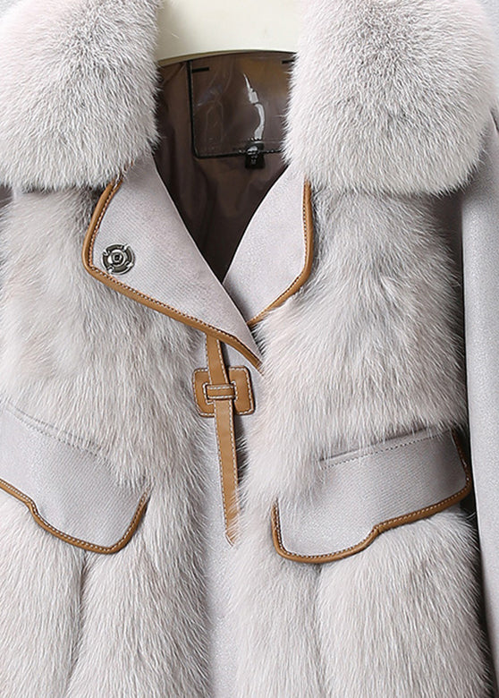 Französischer grauer Fuchskragen Leder Patchwork Button-Down-Mantel Winter