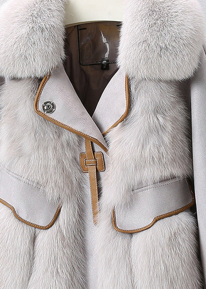 Französischer grauer Fuchskragen Leder Patchwork Button-Down-Mantel Winter