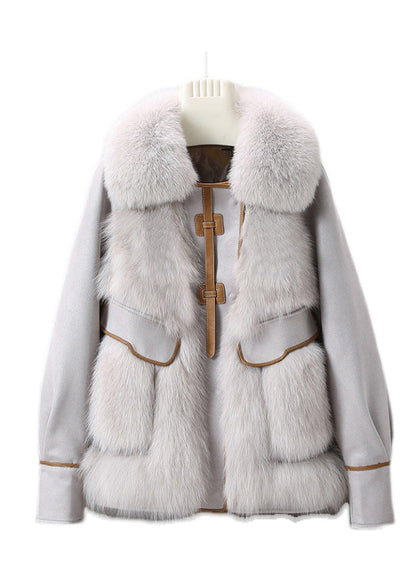 Französischer grauer Fuchskragen Leder Patchwork Button-Down-Mantel Winter