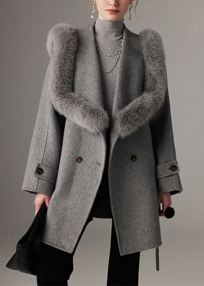 French Grey Fox Collar Tunic Woolen Long Coats Spring