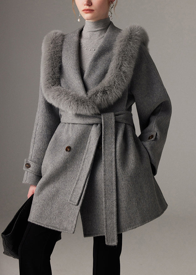 French Grey Fox Collar Tunic Woolen Long Coats Spring