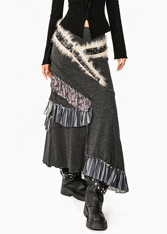 French Grey Fuzzy Fur Fluffy Patchwork High Waist Knit Fishtail Skirts Summer