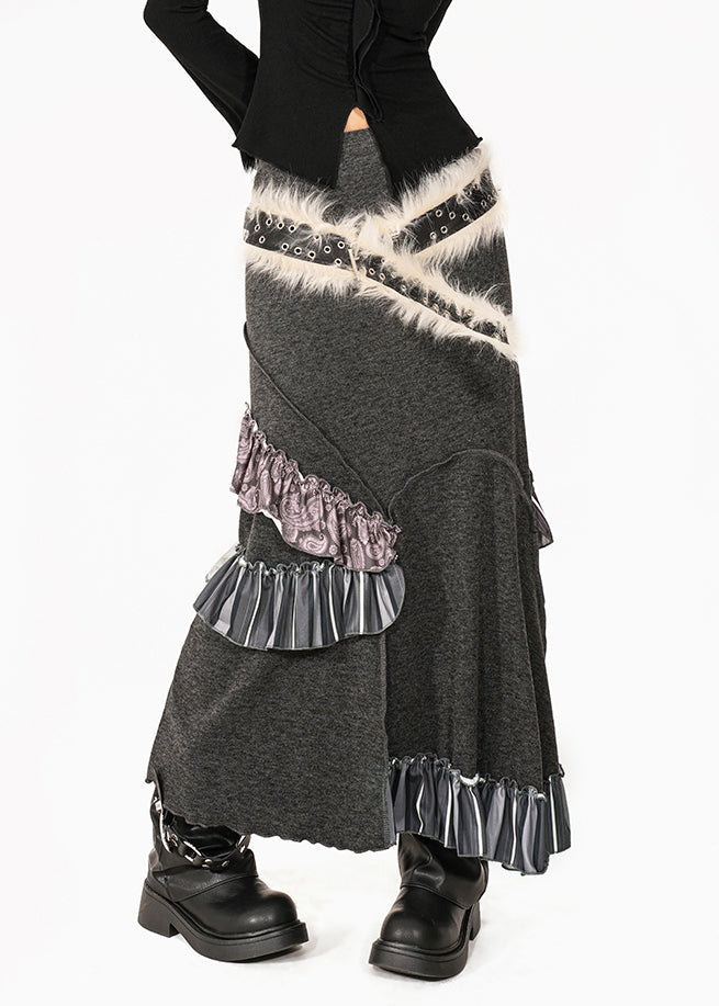 French Grey Fuzzy Fur Fluffy Patchwork High Waist Knit Fishtail Skirts Summer