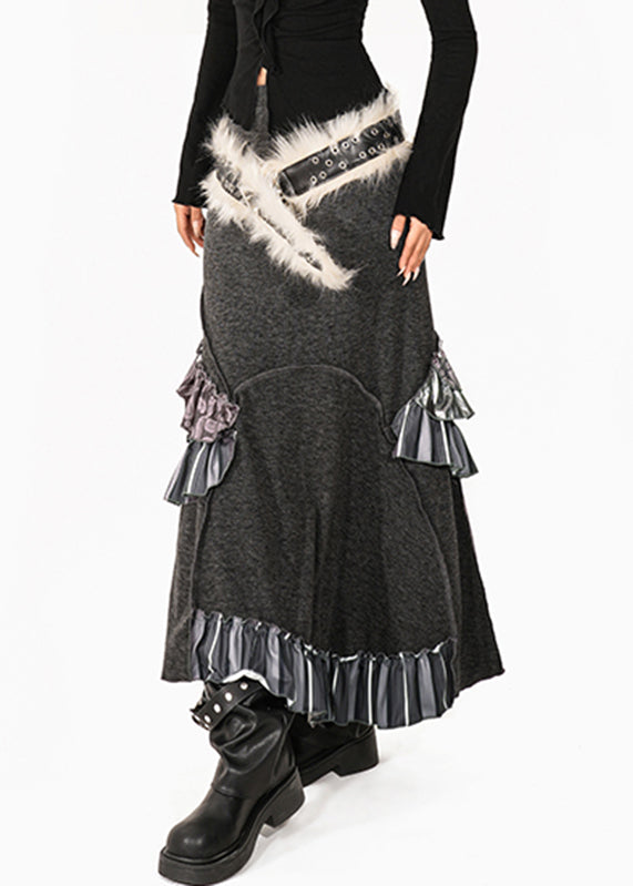 French Grey Fuzzy Fur Fluffy Patchwork High Waist Knit Fishtail Skirts Summer