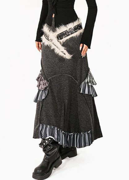 French Grey Fuzzy Fur Fluffy Patchwork High Waist Knit Fishtail Skirts Summer