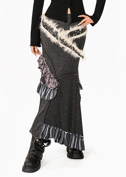 French Grey Fuzzy Fur Fluffy Patchwork High Waist Knit Fishtail Skirts Summer