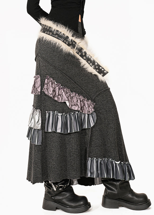 French Grey Fuzzy Fur Fluffy Patchwork High Waist Knit Fishtail Skirts Summer