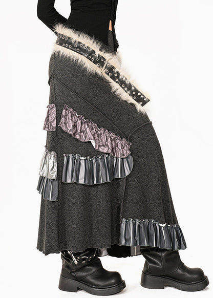 French Grey Fuzzy Fur Fluffy Patchwork High Waist Knit Fishtail Skirts Summer