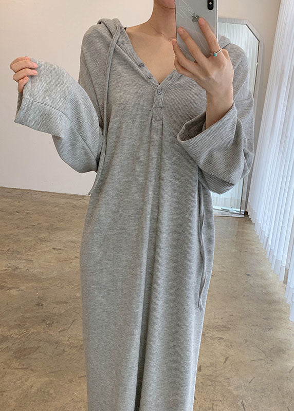 Französisch Grau Kapuzen Casual Maxi Kleider Frühling