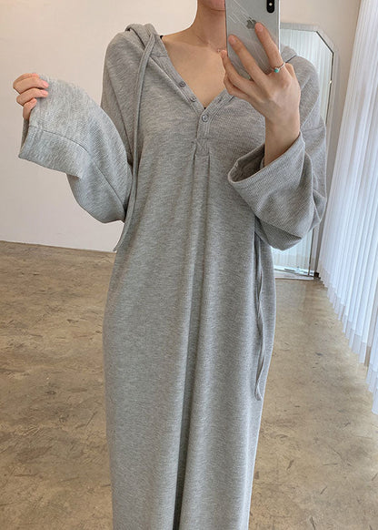 Französisch Grau Kapuzen Casual Maxi Kleider Frühling