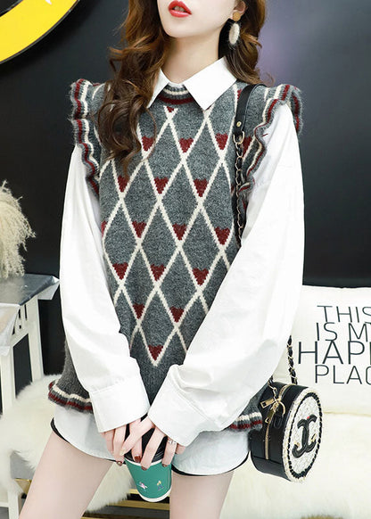 Französische graue lockere süße karierte Herbst-Strickweste