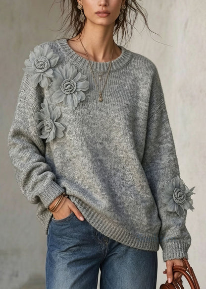 French Grey O Neck Floral Decorated Knit Sweaters Fall