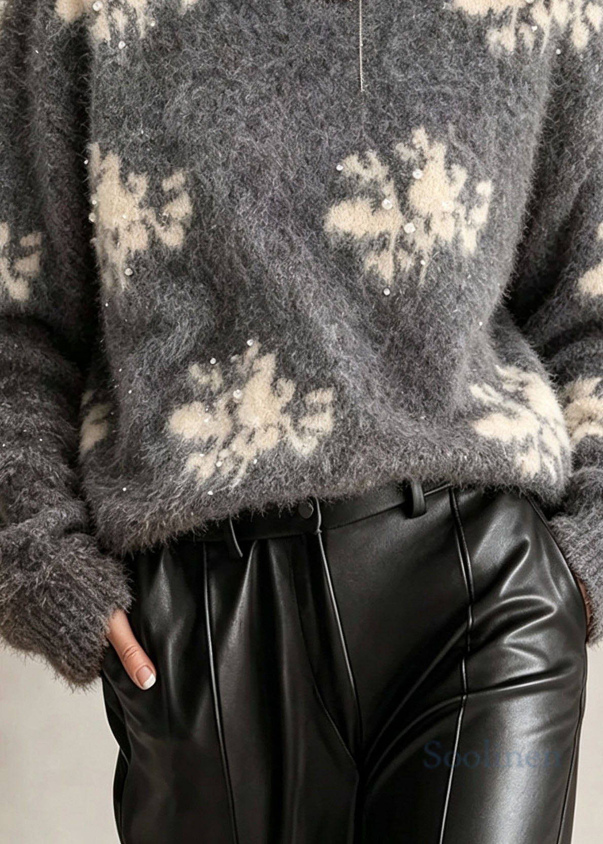 French Grey O Neck Print Nail Bead Knit Sweater Fall
