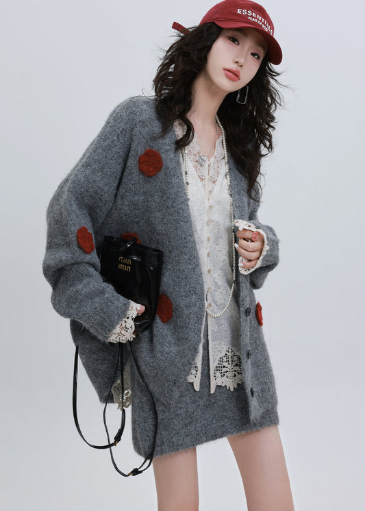 French Grey Oversized Flower Decorated Knit Loose Jacket Winter