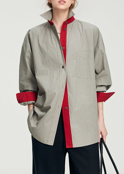 French Grey Oversized Plaid Cotton Fake Two Piece Shirts Spring