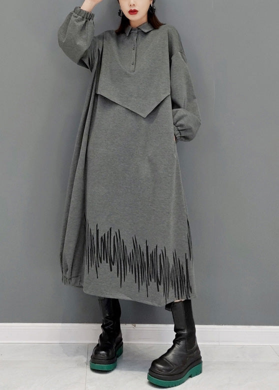 Französisch Grau Peter Pan Kragen Patchwork Taste Maxi Kleider Langarm