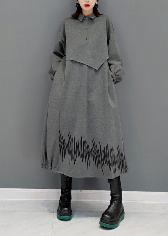 Französisch Grau Peter Pan Kragen Patchwork Taste Maxi Kleider Langarm