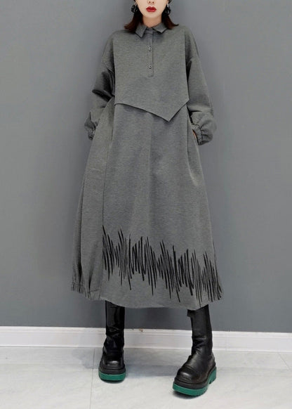 Französisch Grau Peter Pan Kragen Patchwork Taste Maxi Kleider Langarm