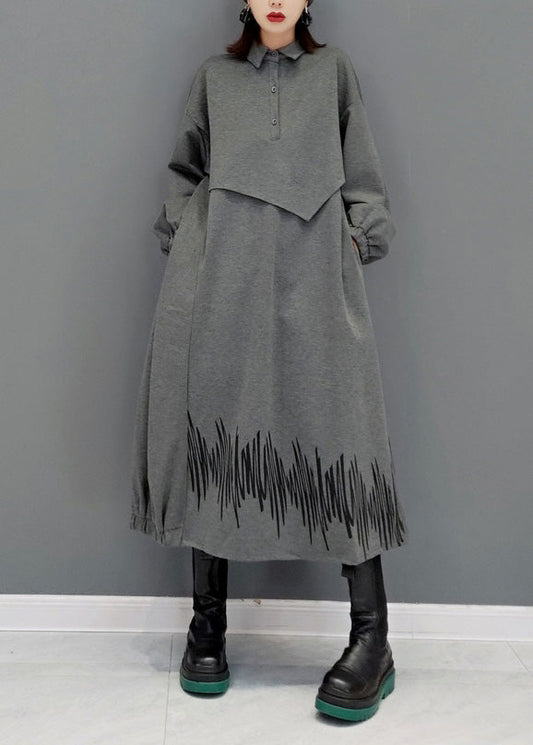 Französisch Grau Peter Pan Kragen Patchwork Taste Maxi Kleider Langarm