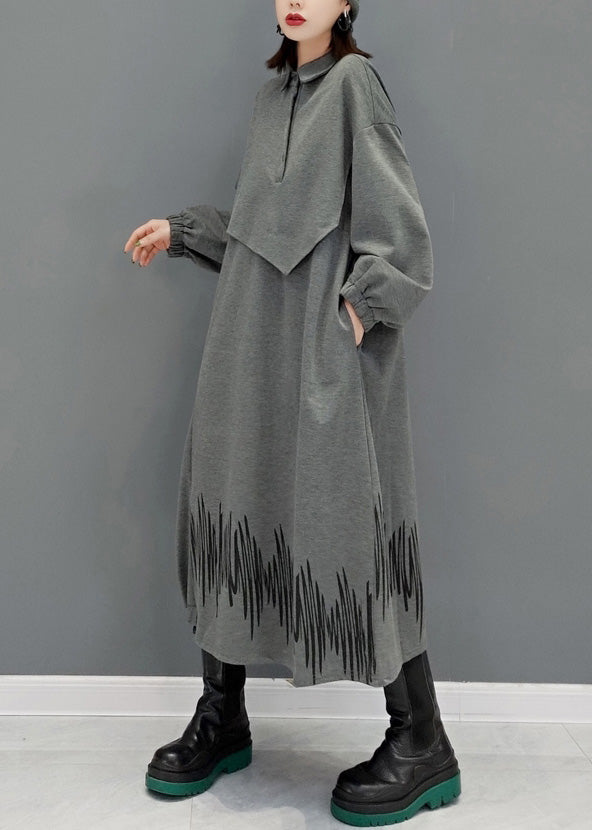 Französisch Grau Peter Pan Kragen Patchwork Taste Maxi Kleider Langarm