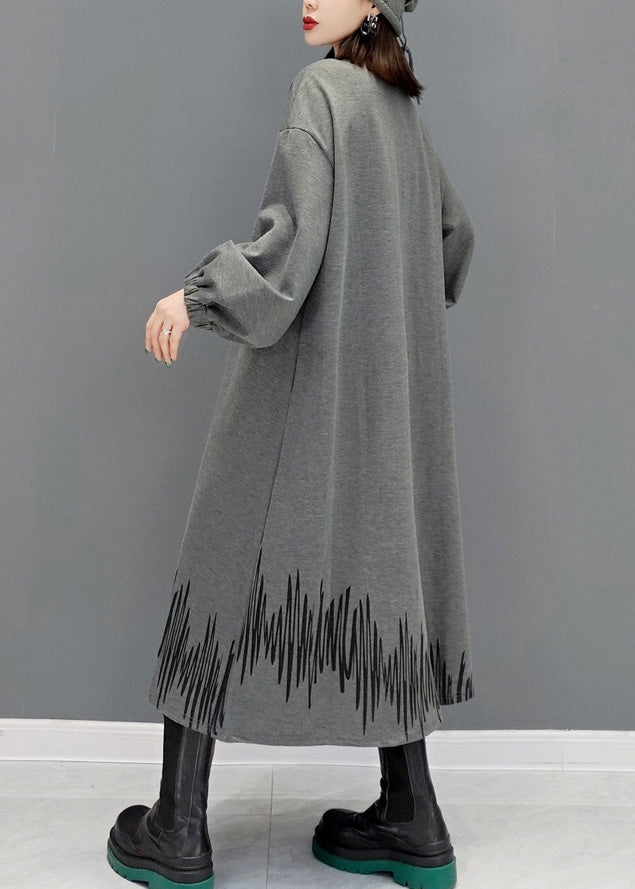 Französisch Grau Peter Pan Kragen Patchwork Taste Maxi Kleider Langarm