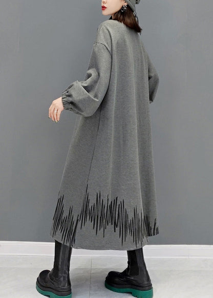 Französisch Grau Peter Pan Kragen Patchwork Taste Maxi Kleider Langarm