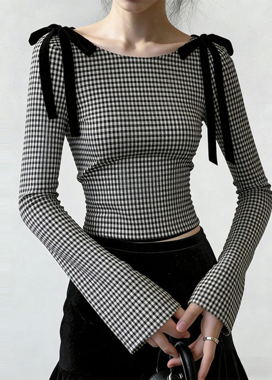 French Grey Plaid Bow Silm Fit Blouses Flare Sleeve