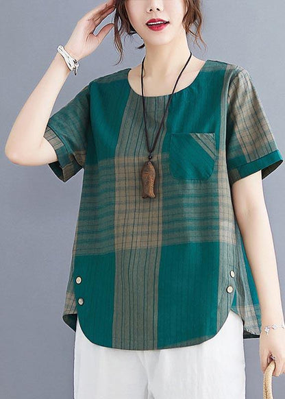 French Grey Plaid asymmetrical design Cotton Linen Blouse Top Summer - SooLinen