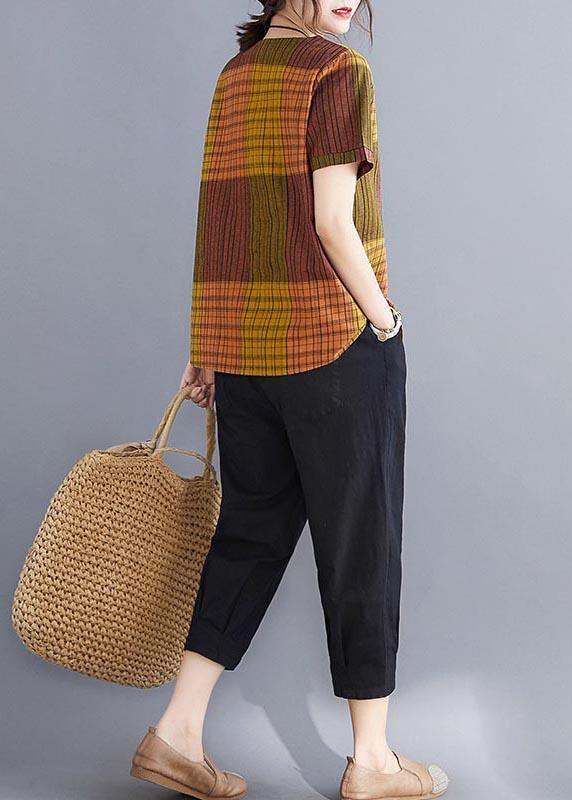 French Grey Plaid asymmetrical design Cotton Linen Blouse Top Summer - SooLinen