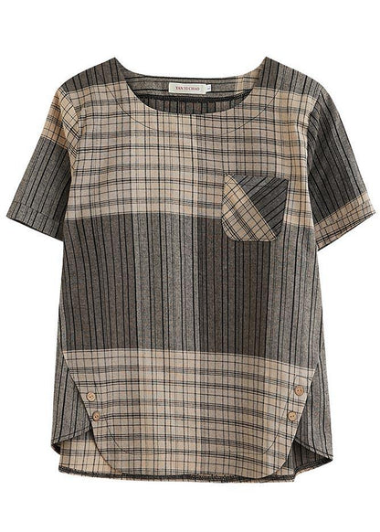 French Grey Plaid asymmetrical design Cotton Linen Blouse Top Summer - SooLinen