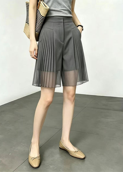 French Grey Pockets Wrinkled Patchwork Tulle Shorts Summer