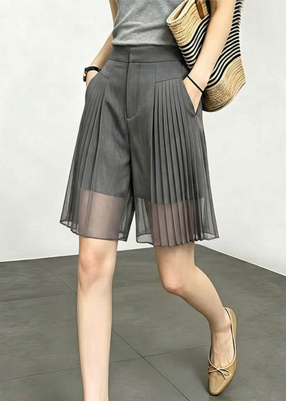French Grey Pockets Wrinkled Patchwork Tulle Shorts Summer