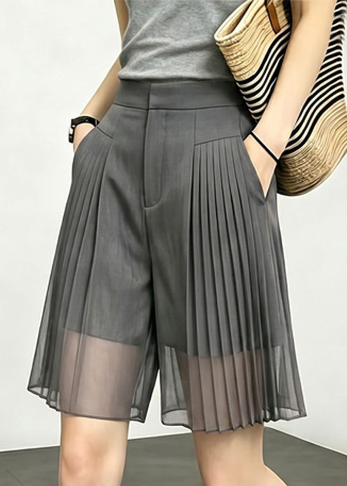 French Grey Pockets Wrinkled Patchwork Tulle Shorts Summer