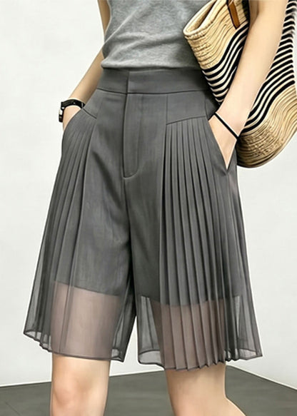 French Grey Pockets Wrinkled Patchwork Tulle Shorts Summer