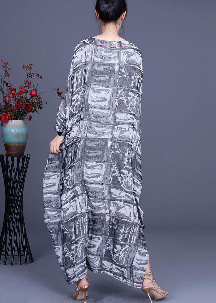 French Grey Print Cotton Linen Side open Party Dress Summer - SooLinen