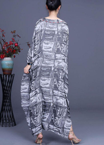 French Grey Print Cotton Linen Side open Party Dress Summer - SooLinen
